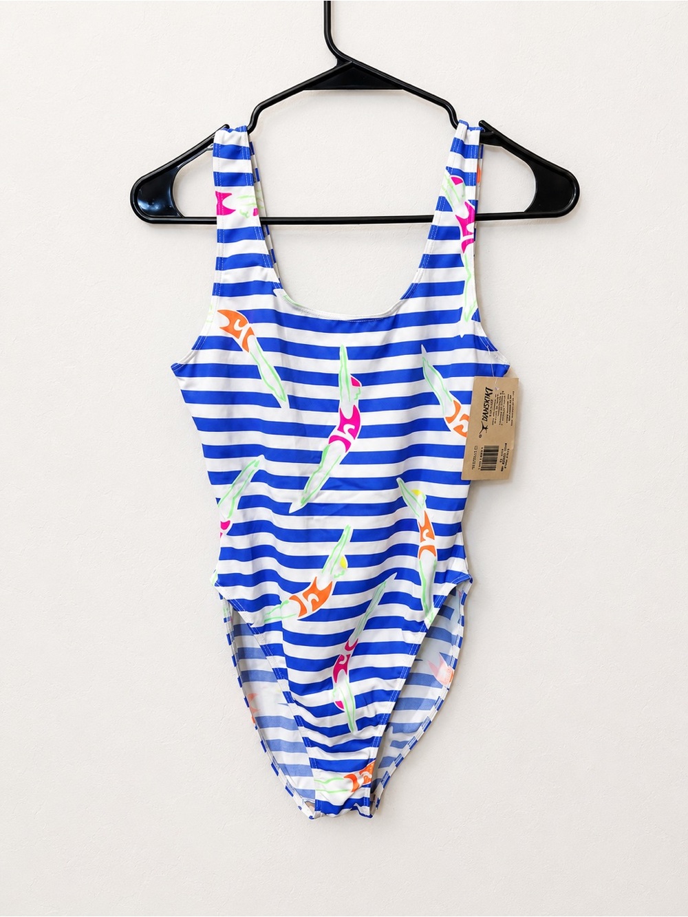 Vintage Danskin Swimsuit Blue White Striped Neon Abstract Print NWT Retro